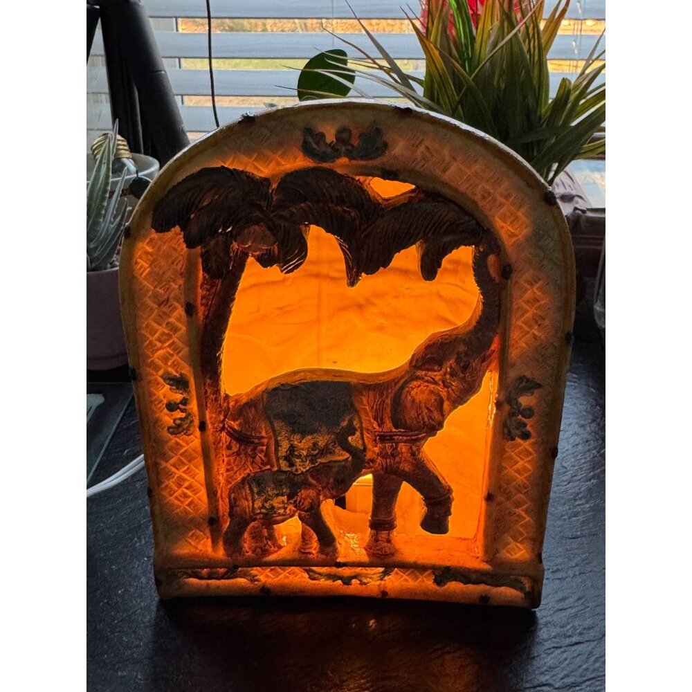 3-D Elephant-Themed Table Lamp With Amber Glow & Intricate Detailing